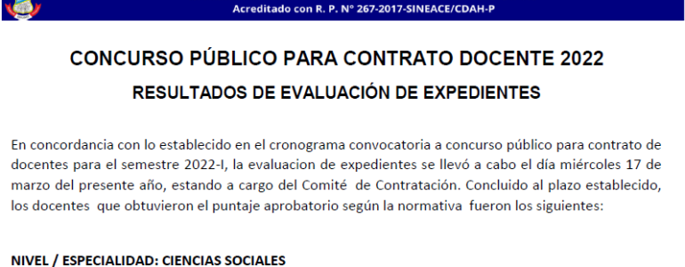 Resultado de la evaluación de expedientes